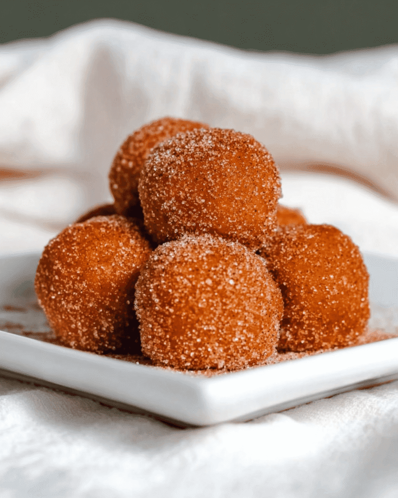 Close-up of keto pumpkin pie fat bombs coated in cinnamon sugar on a white plate with cozy holiday background