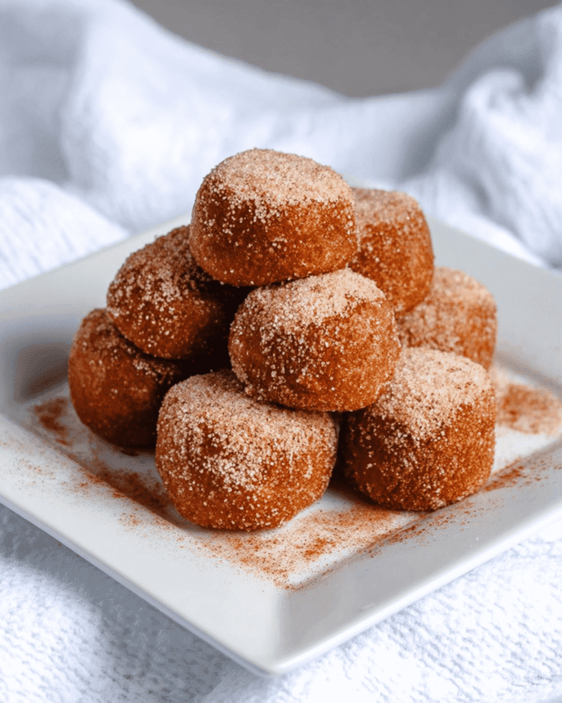 Keto pumpkin pie fat bombs stacked on a white plate, dusted with cinnamon sugar for a festive low carb holiday dessert