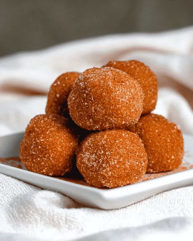Keto pumpkin pie fat bombs stacked in a pyramid on a white plate, coated in pumpkin spice and cinnamon sugar