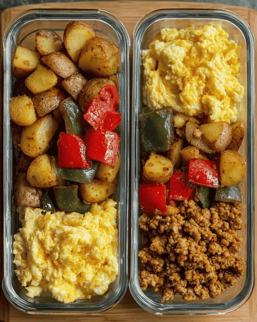 Healthy meal prep breakfast bowls with scrambled eggs, roasted potatoes, peppers, and seasoned ground chicken in glass containers