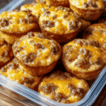 Bite-size pancake sausage muffins with melted cheese stacked in a clear food storage container. Title: Mini Pancake Sausage Muffins for Meal Prep