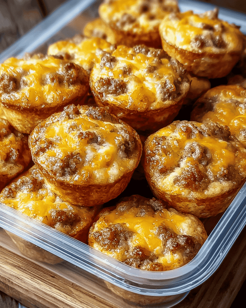 Bite-size pancake sausage muffins with melted cheese stacked in a clear food storage container. Title: Mini Pancake Sausage Muffins for Meal Prep