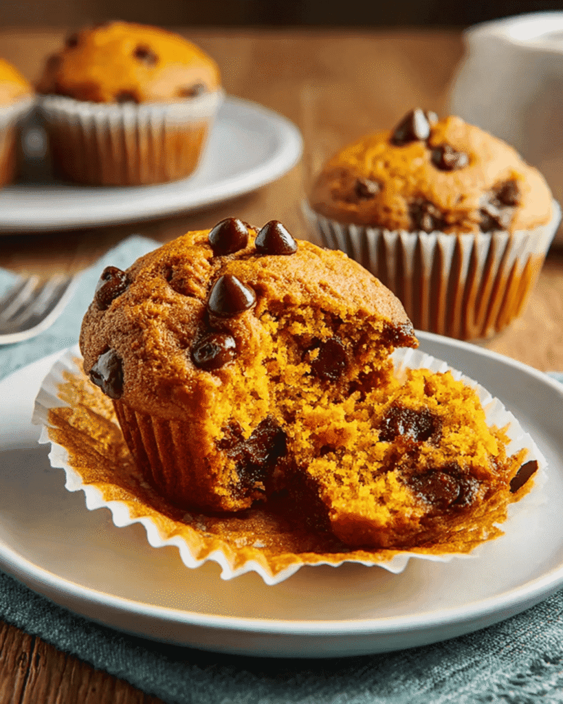 Pumpkin chocolate chip muffin cut open on white plate showing moist texture