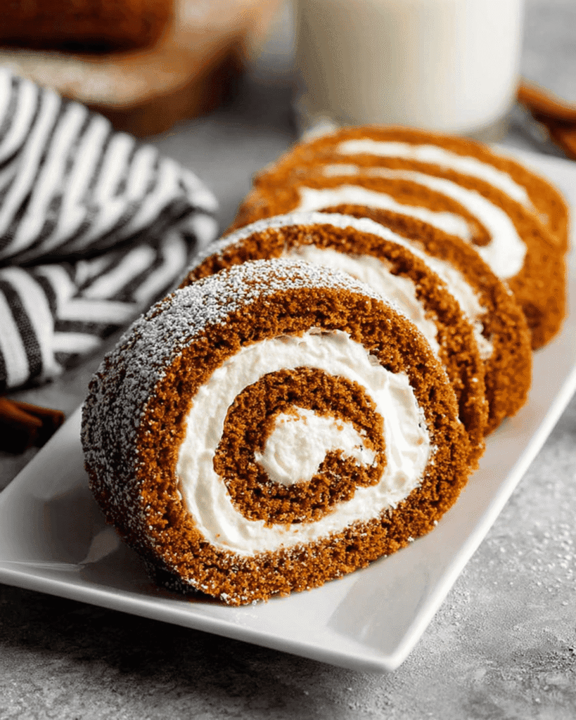 Close-up of pumpkin roll slices with cream cheese swirl and powdered sugar topping.