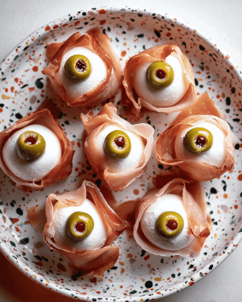 Prosciutto wrapped mozzarella balls topped with green olives arranged on a plate to resemble eyeballs for Halloween pasta.