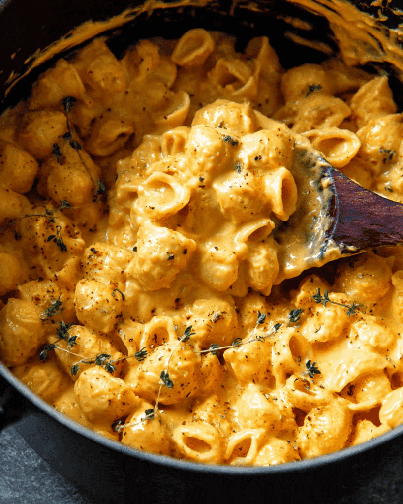 Creamy one pot pumpkin mac and cheese with fresh thyme and a wooden spoon