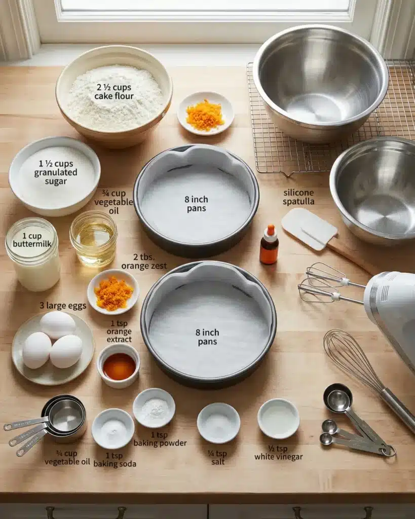 Bowls of butter, cream cheese, powdered sugar, orange extract, and zest arranged neatly on a wooden surface