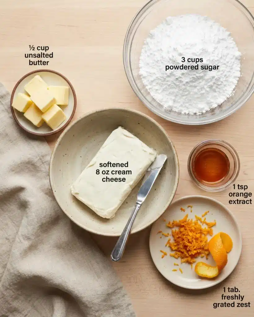 Measured ingredients and baking tools for making orange velvet cake arranged neatly on a kitchen counter