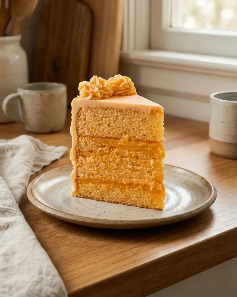 A moist orange velvet cake with smooth frosting and two plated slices on a glass stand surrounded by greenery