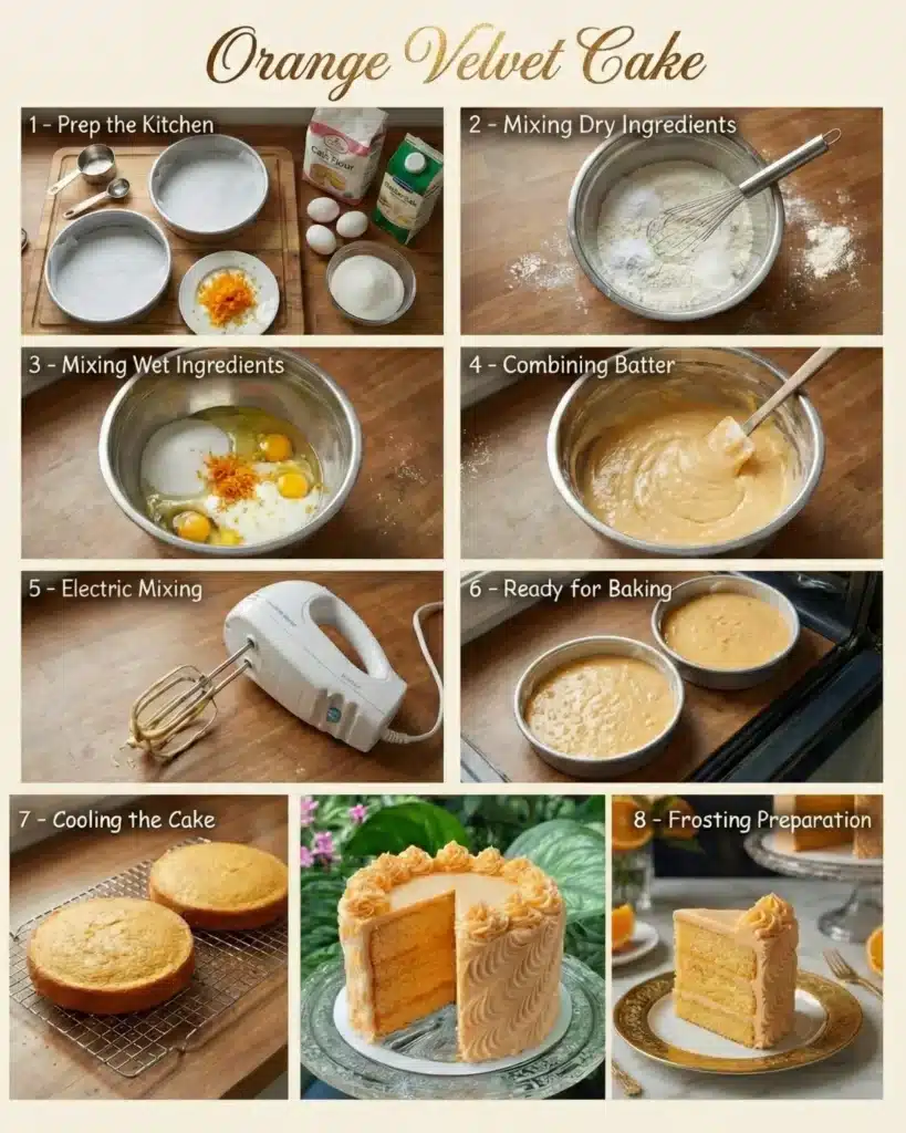 Step-by-step images of preparing orange velvet cake batter, baking, cooling, and frosting