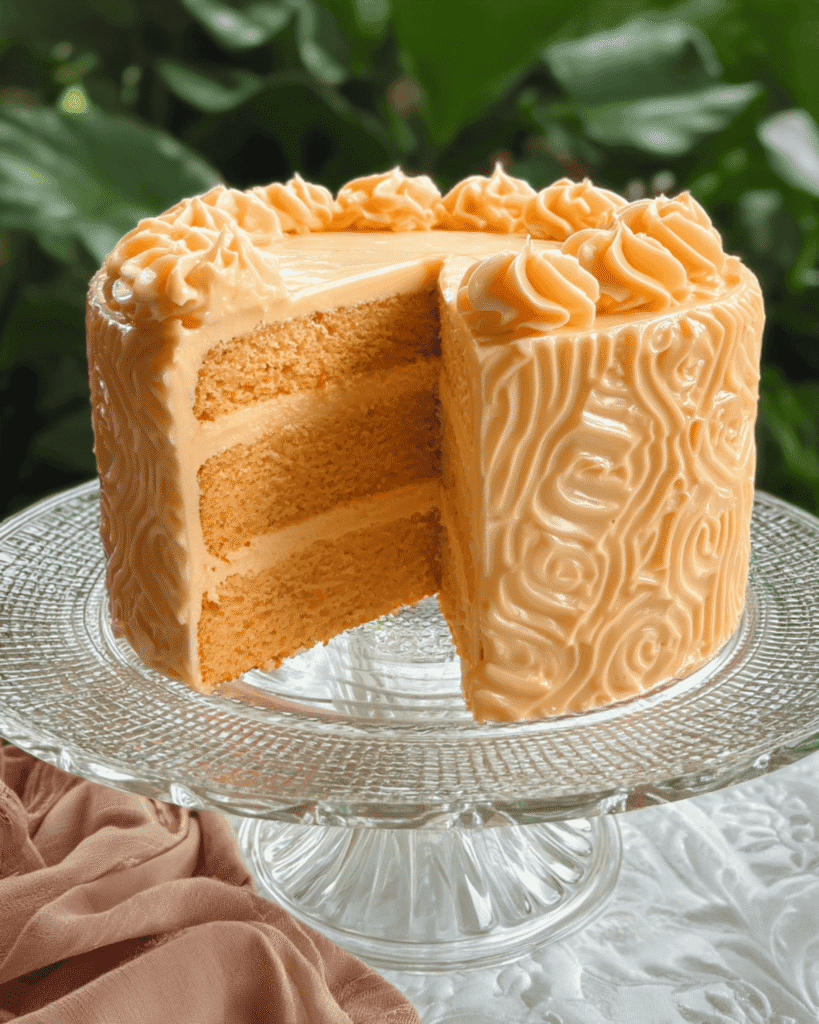Three-layer Orange Velvet Cake with cream cheese frosting and piped rosettes on a glass cake stand