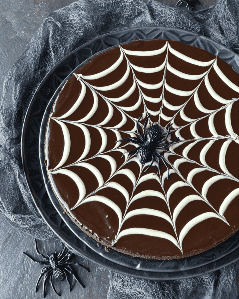 Overhead view of Chocolate Spiderweb Cheesecake with dark ganache and white chocolate spiderweb
