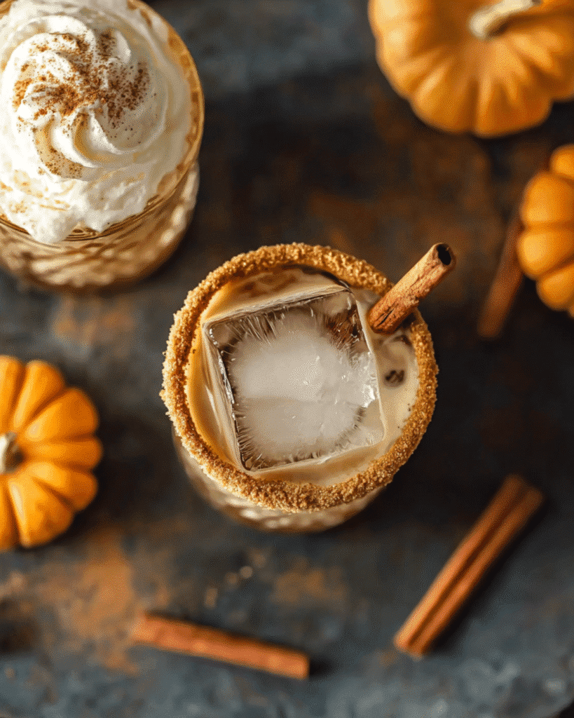 Overhead view of pumpkin spice White Russian cocktail with graham cracker rim, ice cube, whipped cream, and cinnamon stick.