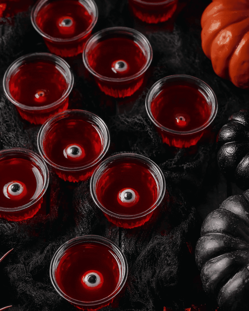 Overhead view of Halloween eyeball jello shots in clear cups with red gelatin, surrounded by black and orange pumpkins.