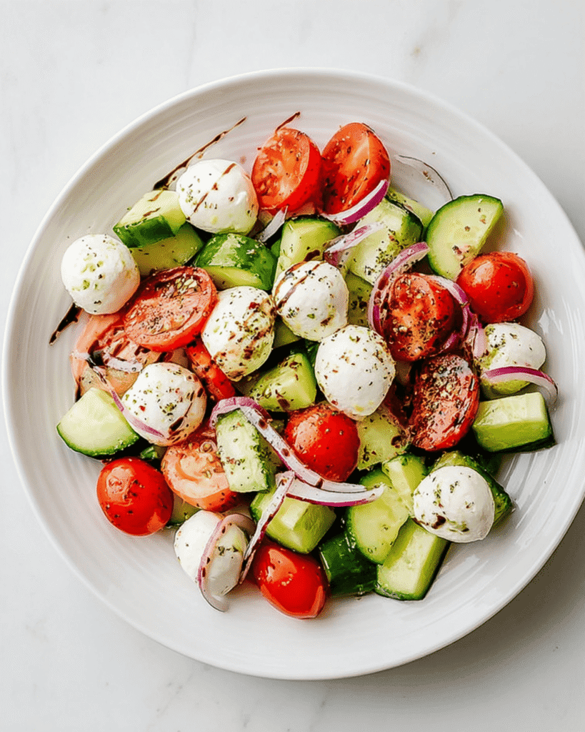 Overhead view of cucumber caprese salad with cherry tomatoes, mozzarella, cucumbers, red onion, and balsamic dressing.