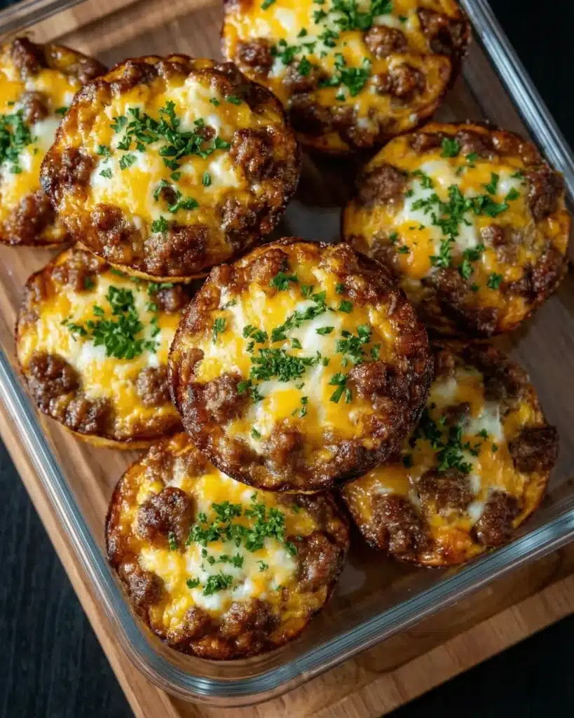 Freshly baked mini breakfast muffins topped with melted cheddar cheese and crumbled beef sausage