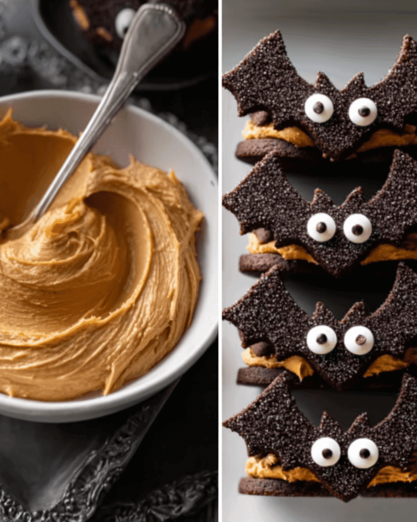 Bowl of creamy peanut butter filling beside stacked Halloween bat cookies with googly eyes.
