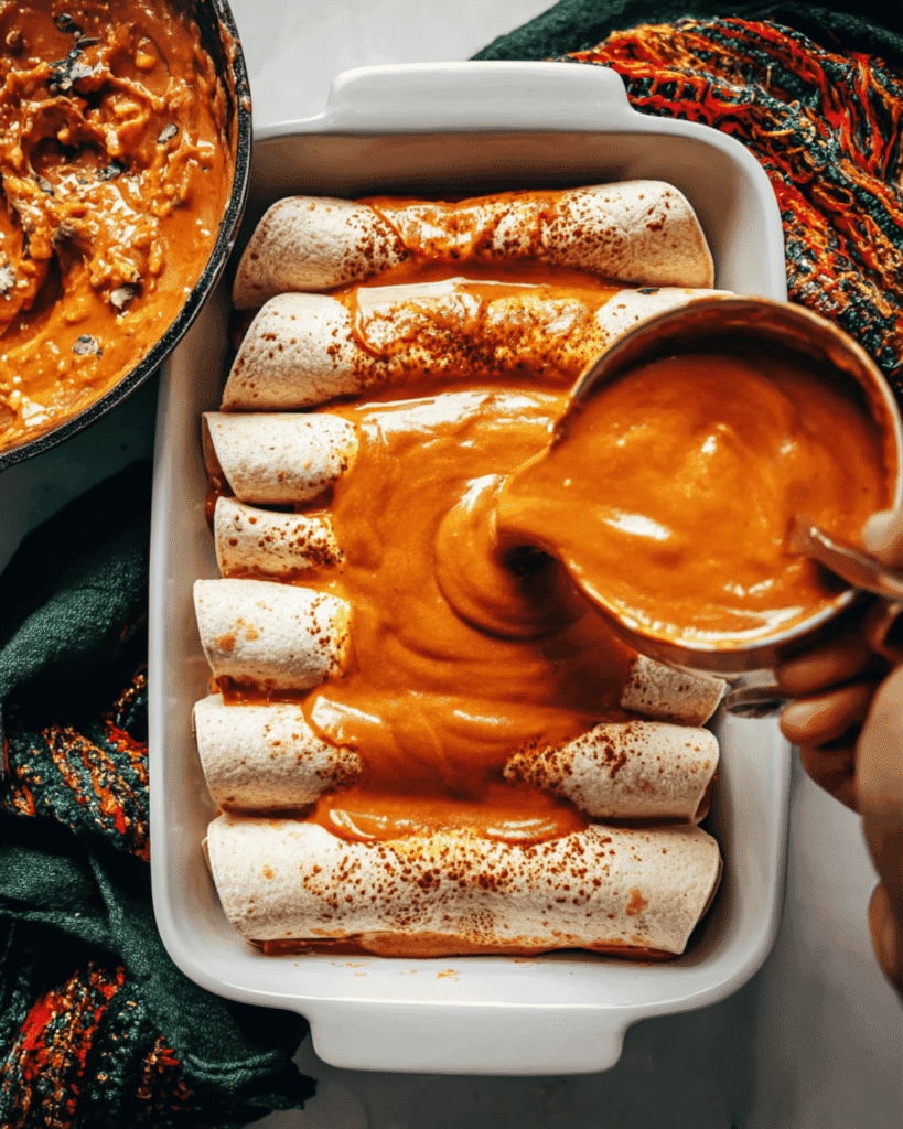 Pumpkin enchilada sauce being poured over rolled tortillas before baking