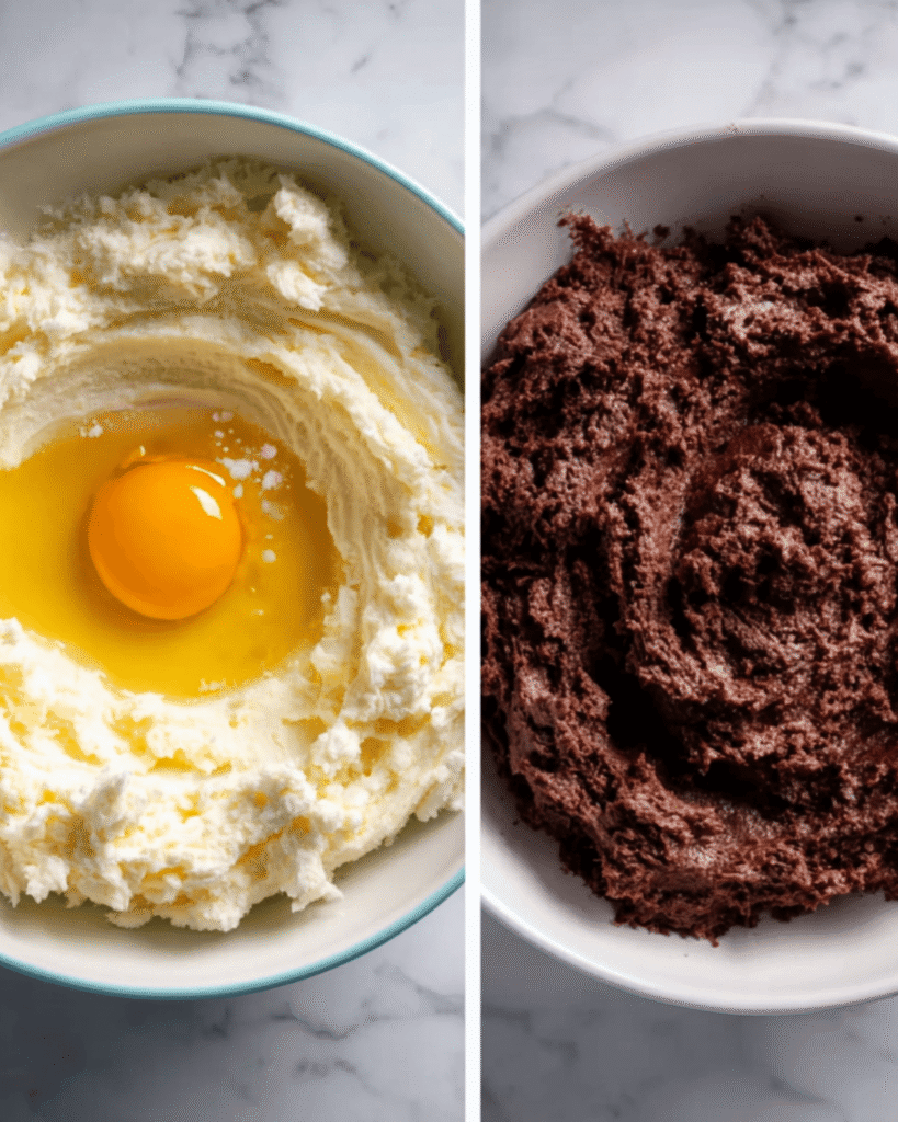 Bowl of creamed butter, sugar, and egg next to a bowl of dark chocolate cookie dough for Halloween bat cookies.