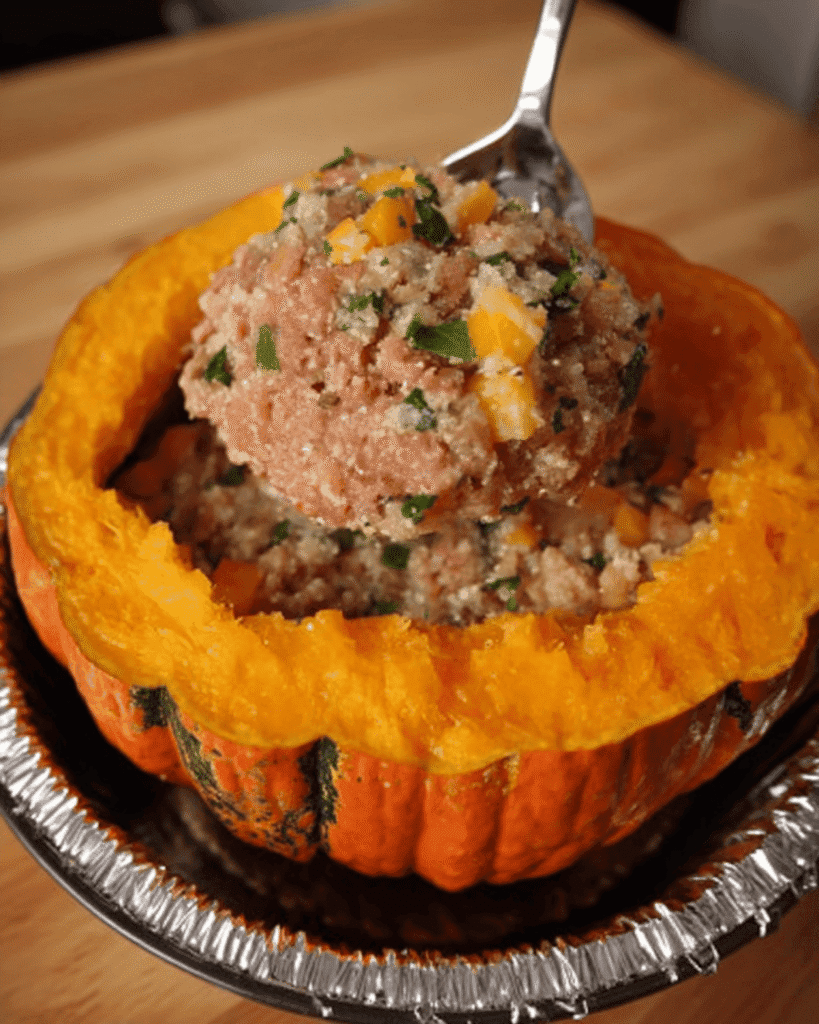 Raw meatloaf mixture with vegetables being spooned into a hollowed pumpkin for stuffed pumpkin meatloaf dinner recipe.