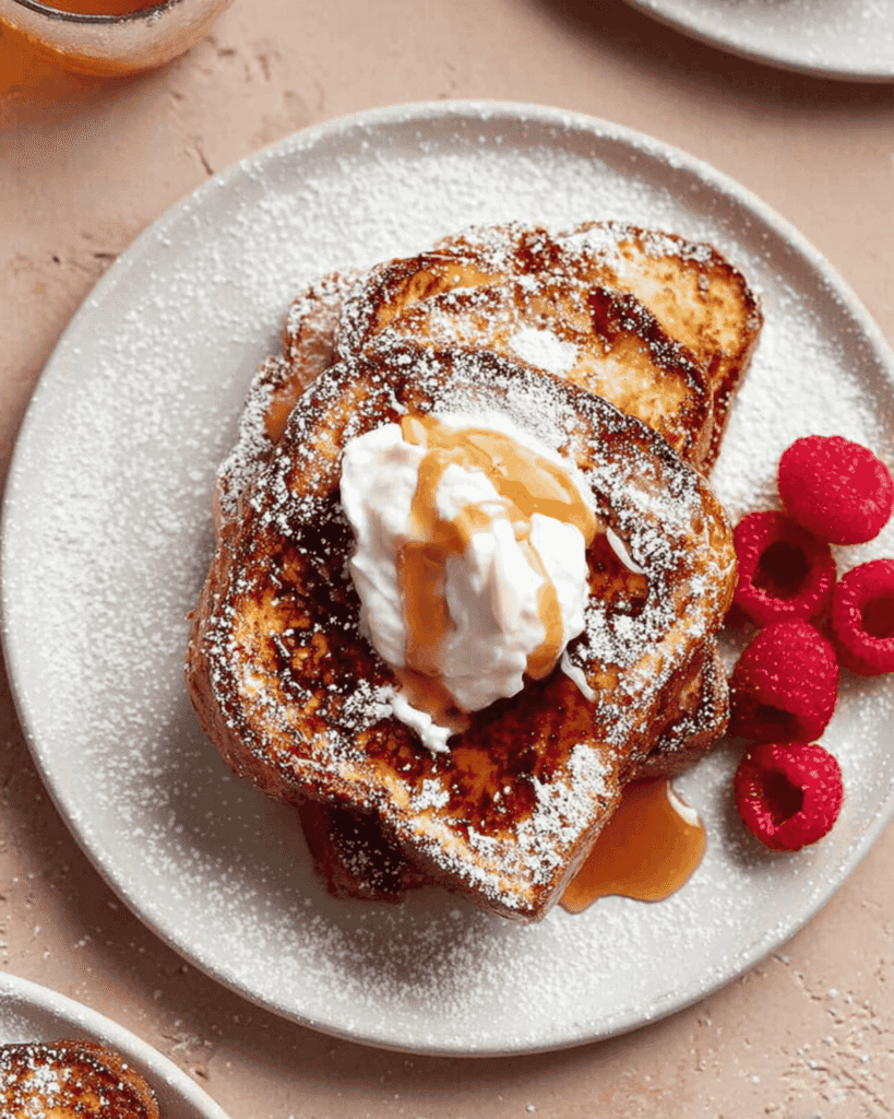 High protein French toast with whipped cream, maple syrup, and fresh raspberries on a white plate
