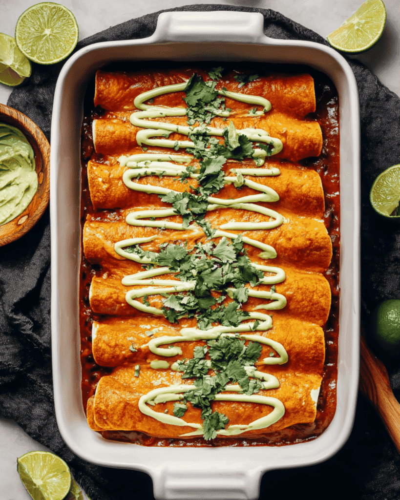 Pumpkin black bean enchiladas in a baking dish topped with avocado crema and fresh cilantro for a holiday dinner