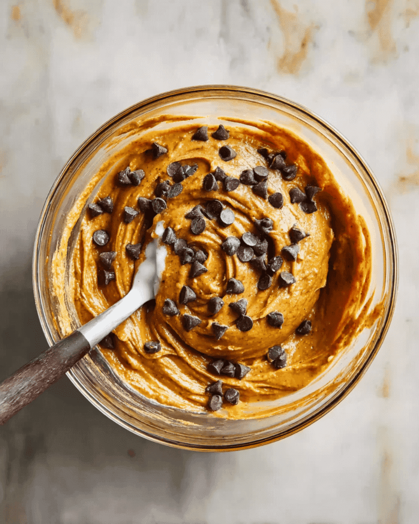 Mixing bowl filled with pumpkin muffin batter topped with chocolate chips