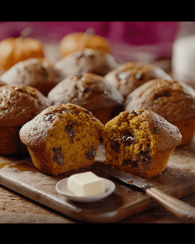 Pumpkin chocolate chip muffin cut in half showing melty chocolate, served with butter