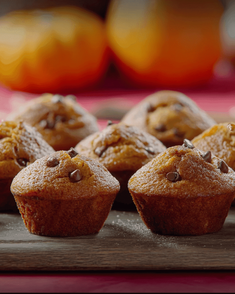 Freshly baked pumpkin chocolate chip muffins on a wooden board with pumpkins in the background