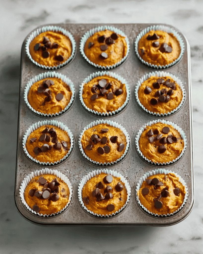 Muffin tin lined with cups filled with pumpkin chocolate chip muffin batter