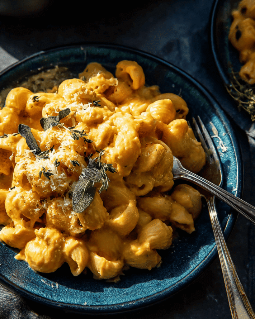 Holiday pumpkin mac and cheese served on blue plate with sage and parmesan