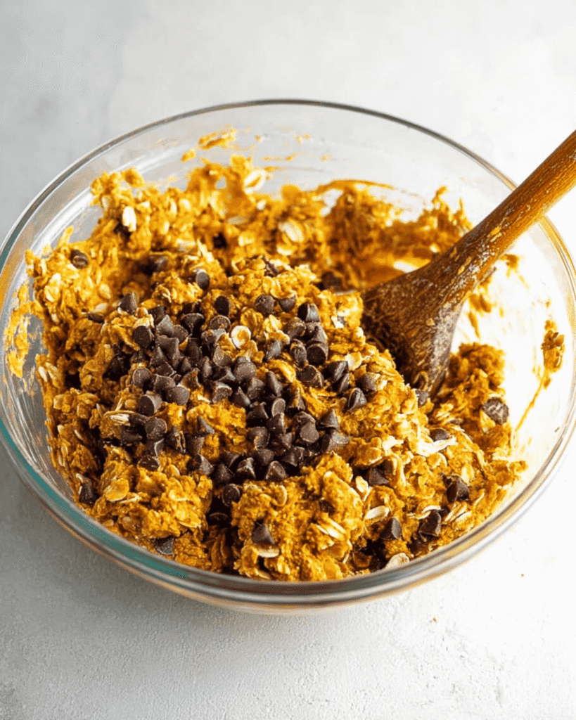 Pumpkin oat cookie dough mixed with chocolate chips in a glass bowl with wooden spoon
