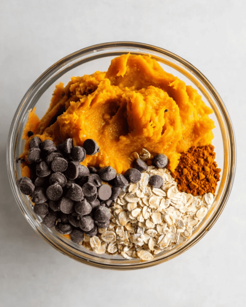 Bowl of healthy pumpkin oat cookie ingredients including oats, pumpkin puree, spices, and chocolate chips