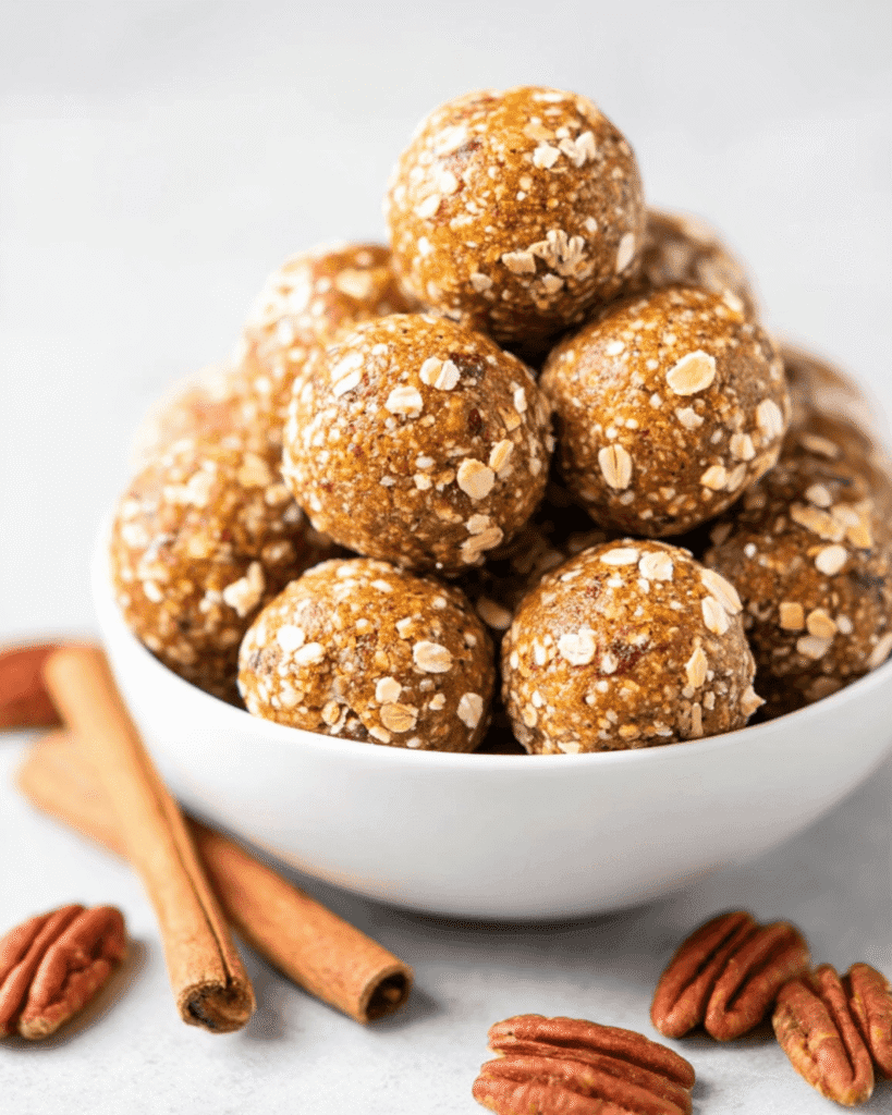 White bowl stacked with pumpkin oat energy bites surrounded by pecans and cinnamon sticks.