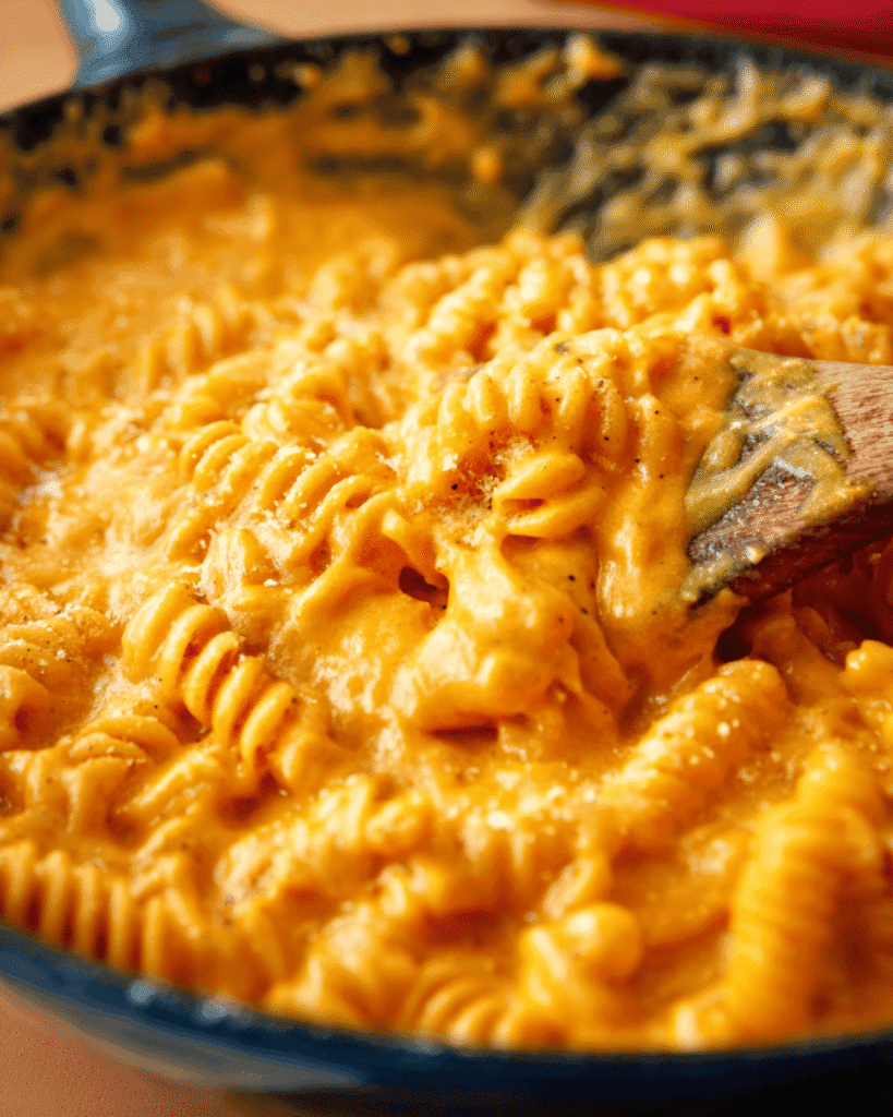 Creamy roasted pumpkin pasta being stirred in a skillet with wooden spoon
