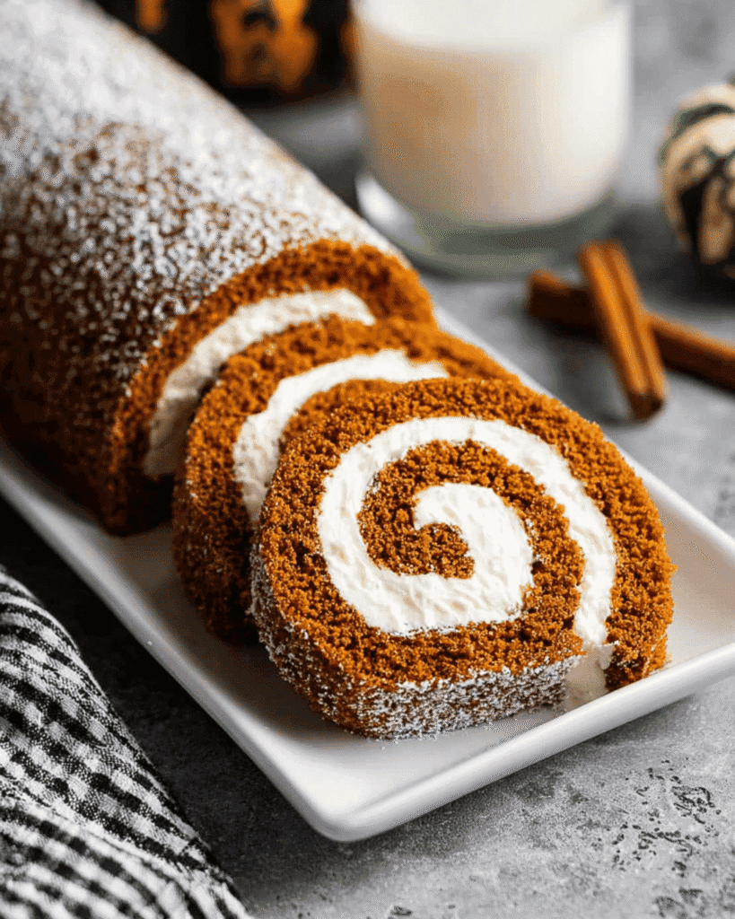 Pumpkin roll slices with cream cheese swirl served on a white platter, holiday dessert idea.