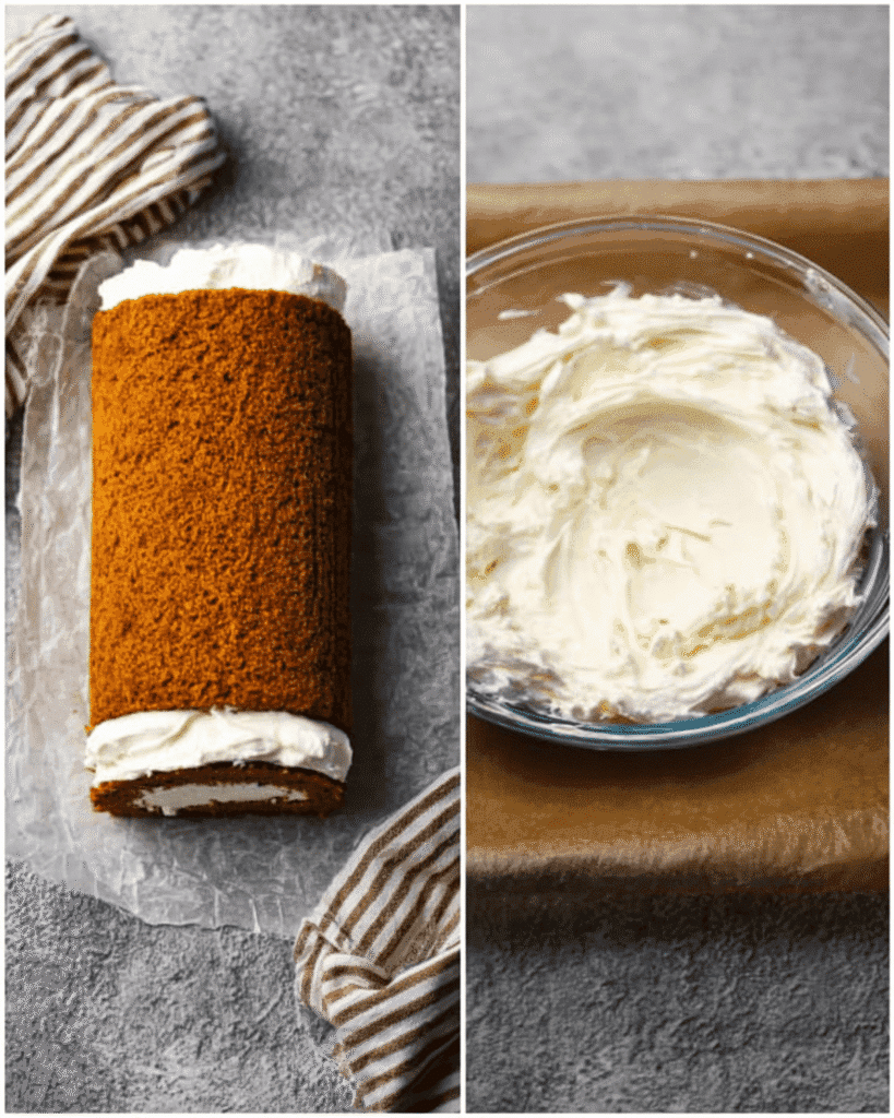 Pumpkin roll baking process with cream cheese frosting in bowl and cake being filled.