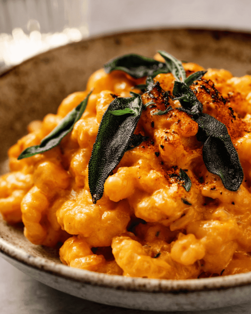 Creamy pumpkin sage pasta topped with crispy fried sage in a rustic bowl