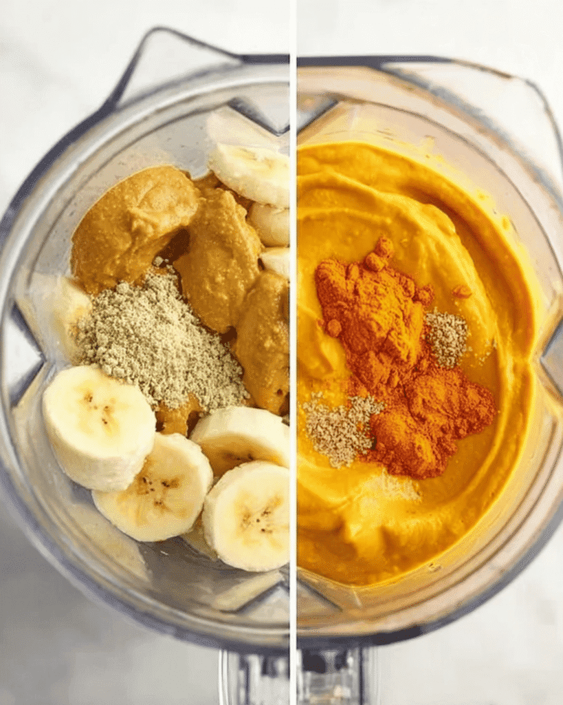 Blender showing banana, pumpkin puree, nut butter, and spices before and after blending into a pumpkin smoothie bowl