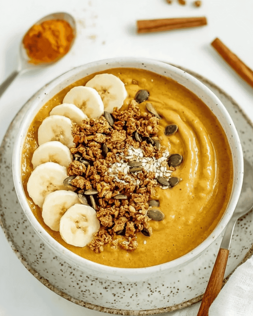Pumpkin smoothie bowl topped with banana slices, granola, pumpkin seeds, and coconut flakes in a speckled ceramic bowl