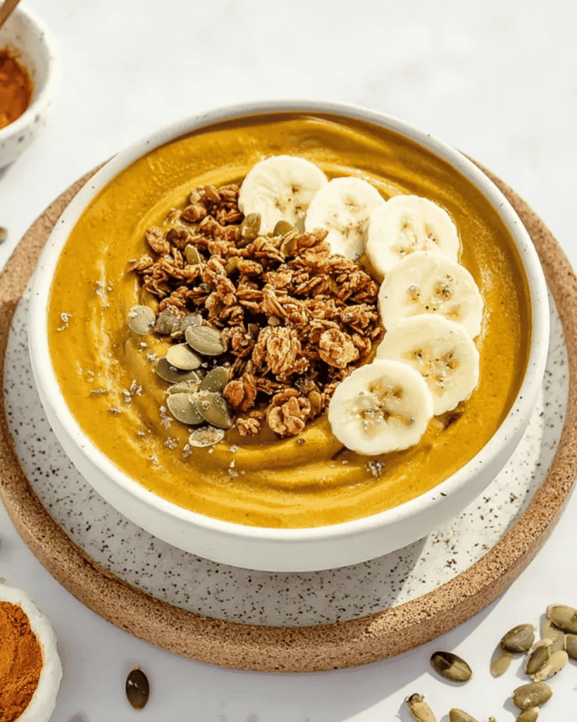 Pumpkin smoothie bowl topped with banana slices, granola, and pumpkin seeds in a white ceramic bowl