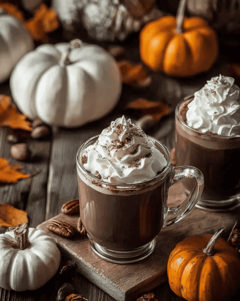 Two glass mugs of pumpkin spice hot chocolate with whipped cream, set among autumn pumpkins and pecans.