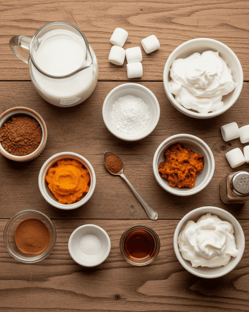 Overhead view of pumpkin spice hot chocolate ingredients including milk, cocoa powder, pumpkin puree, spices, whipped cream, and marshmallows on a rustic wooden table.