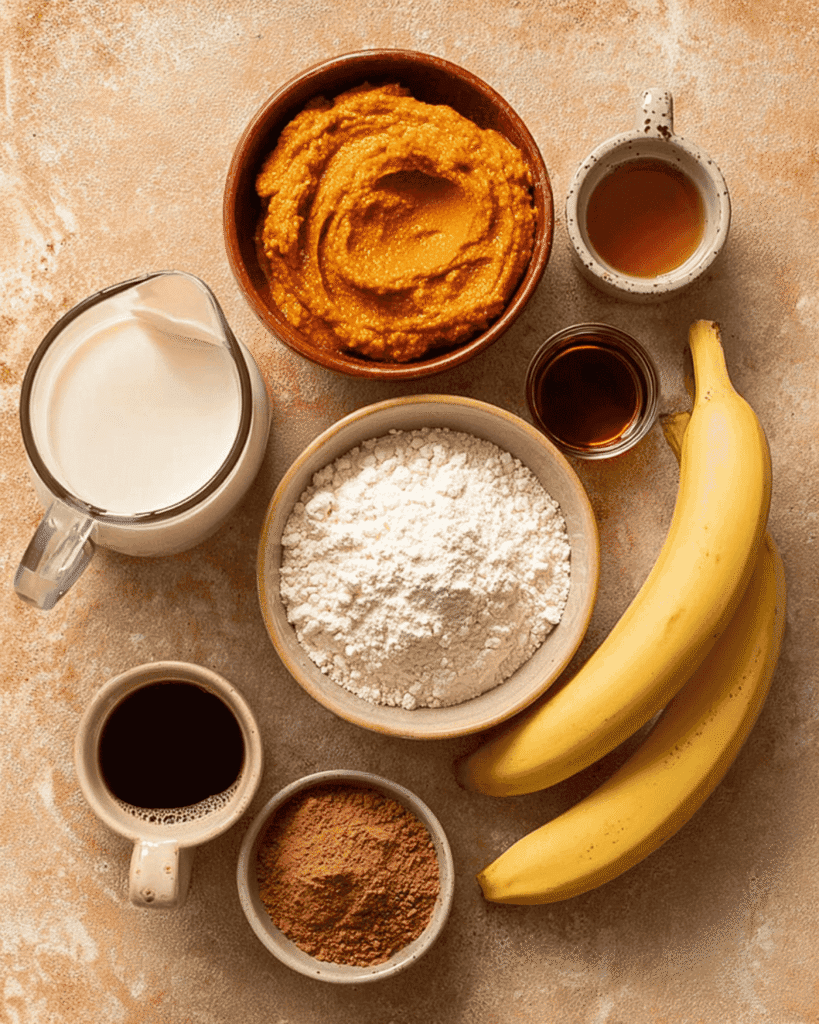 Pumpkin spice latte protein shake ingredients including pumpkin puree, banana, protein powder, and coffee