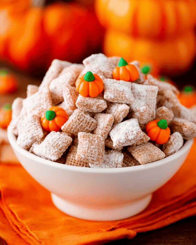 Bowl of pumpkin spice puppy chow with candy pumpkins on an orange cloth for a festive holiday snack mix