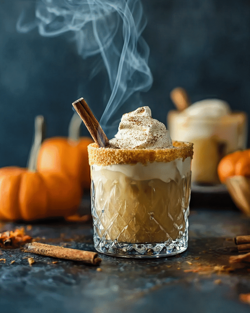 Creamy pumpkin spice White Russian cocktail with whipped cream, cinnamon stick, and smoke rising, surrounded by pumpkins.