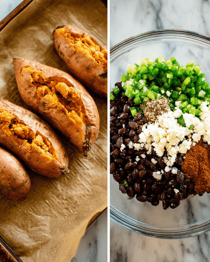 Roasted sweet potatoes and enchilada filling ingredients including black beans, jalapeño, feta cheese, and spices