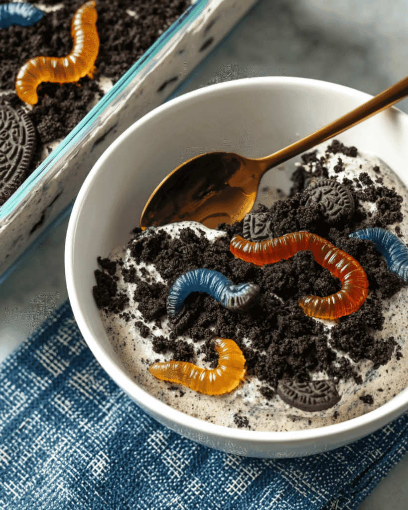 Bowl of keto Oreo dirt cake with cookie crumbs and sugar-free gummy worms served with a gold spoon.