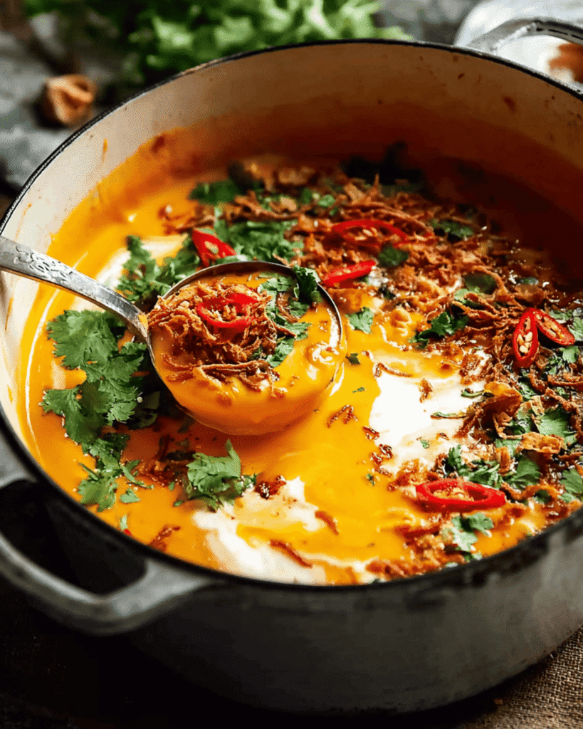 Ladle serving Thai coconut pumpkin soup from a pot, garnished with coriander, red chili, and crispy shallots.
