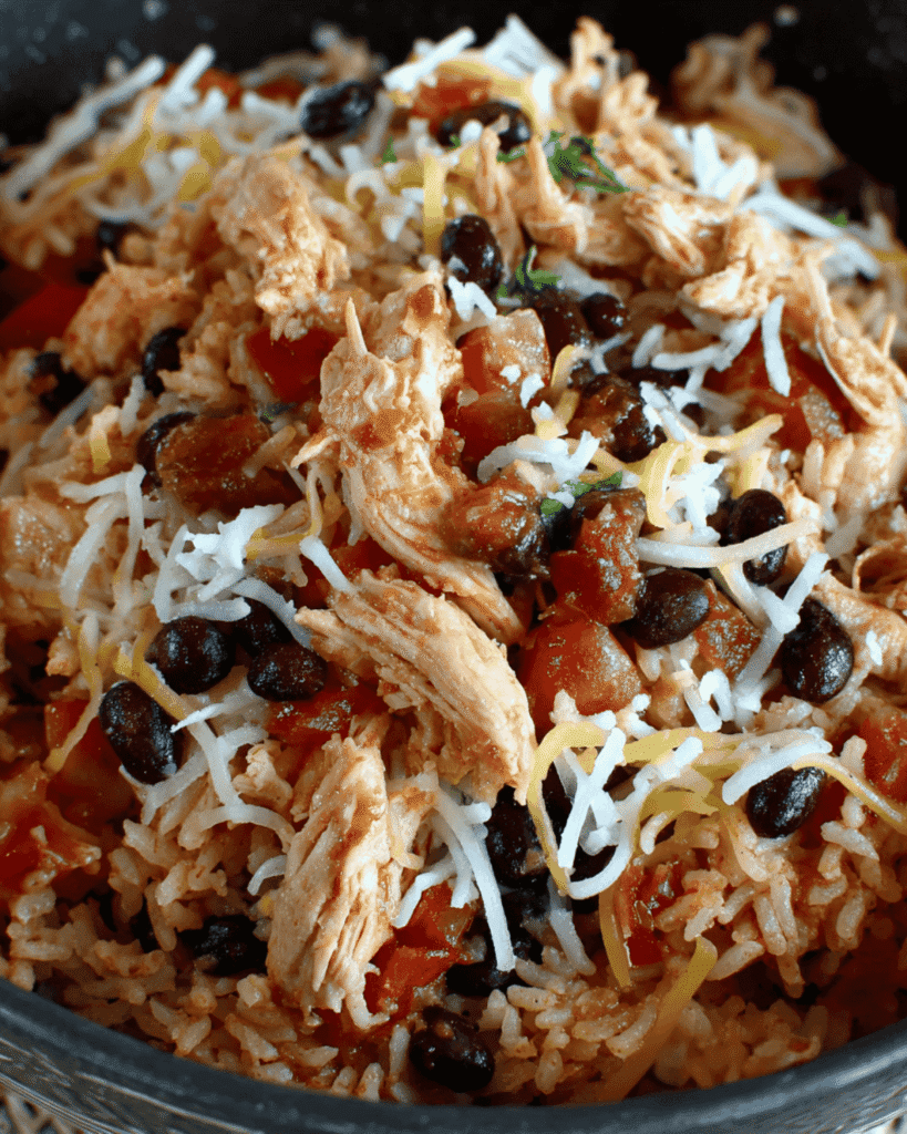 Bowl of shredded chicken mixed with rice, black beans, tomatoes, and shredded cheese.
